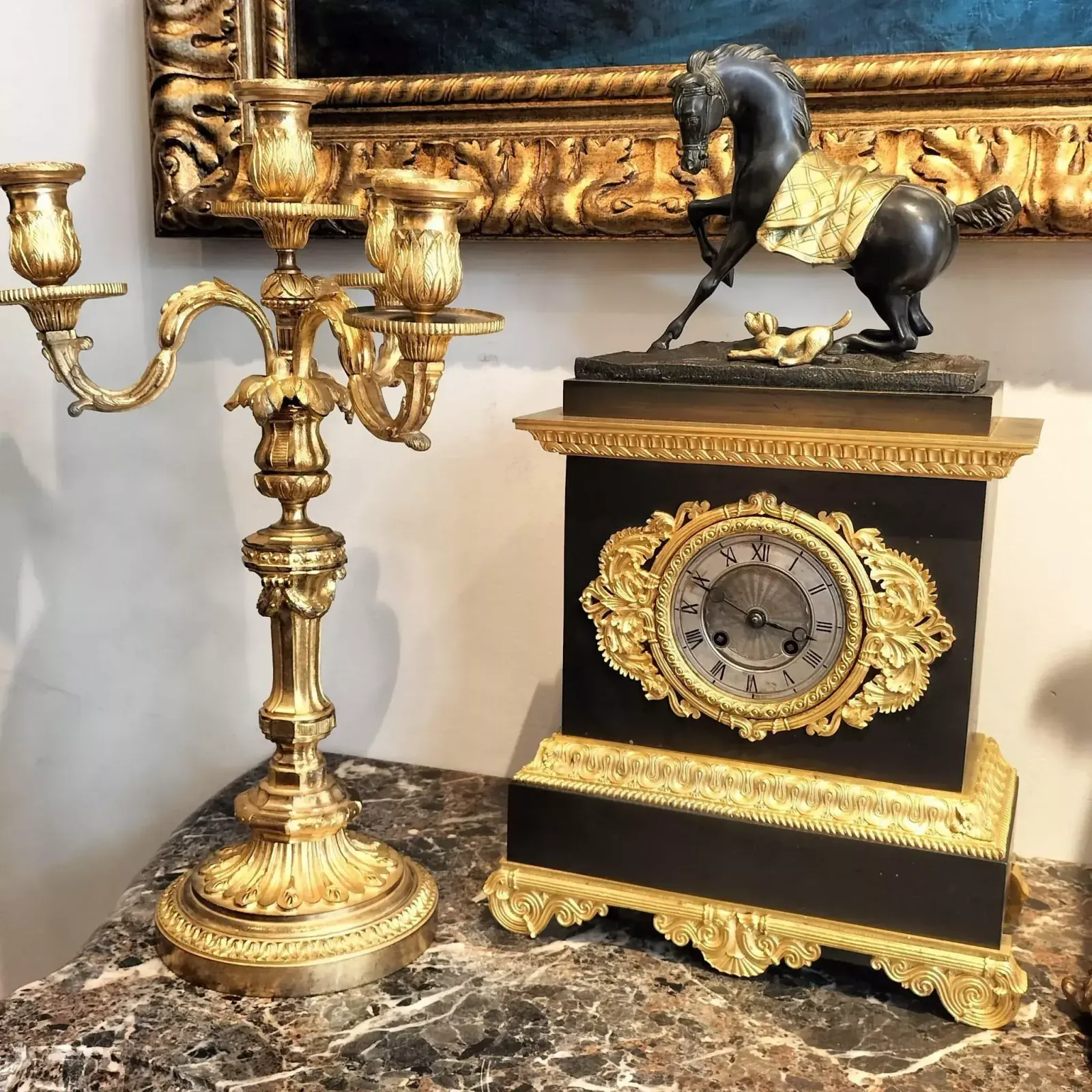 photo for sale Empire Clock In Representing A Horse And A Dog In Gilt Bronze, 19th Century