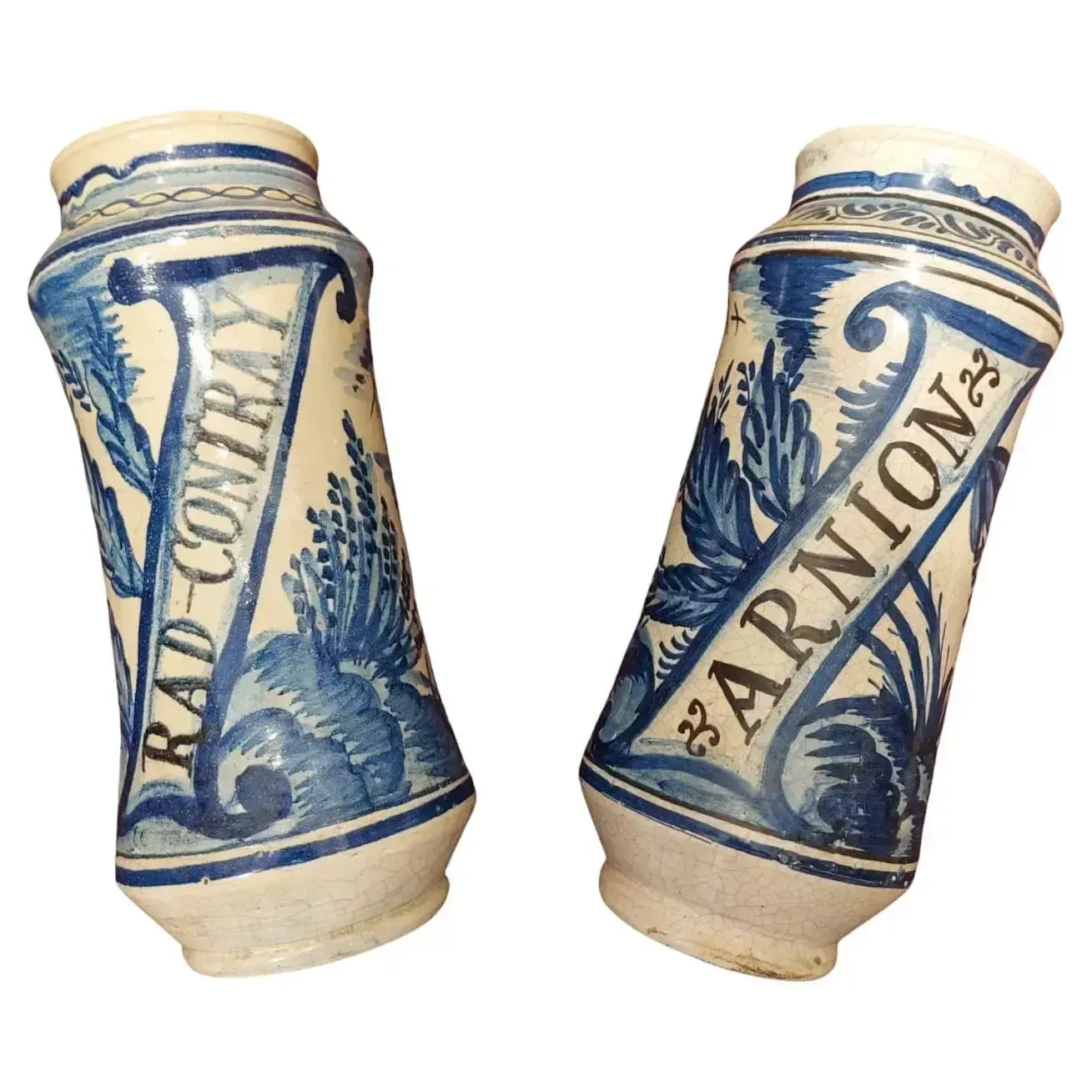 Pair Of 18th Century Albarello Drug Jars In Maiolica