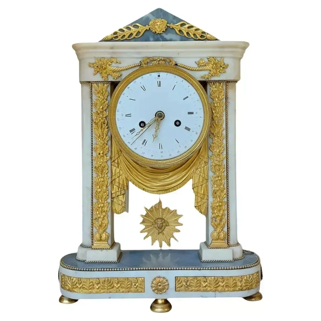 Empire Period Portico Clock In White Marble And Gilt Bronze, 19th Century