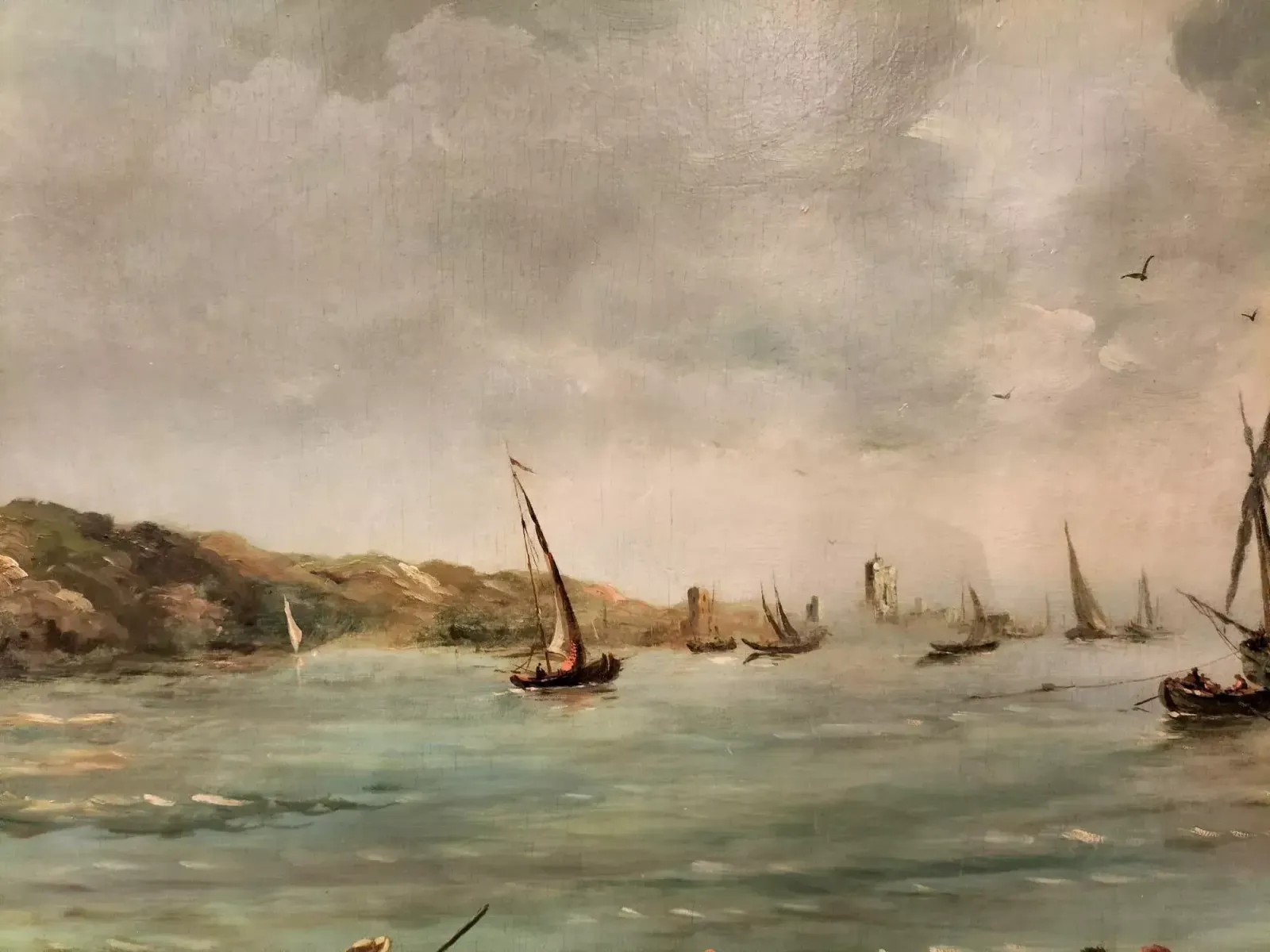 Large Marine Oil On Canvas Breton Fisherman In Original Frame, 19th Century photo vintage