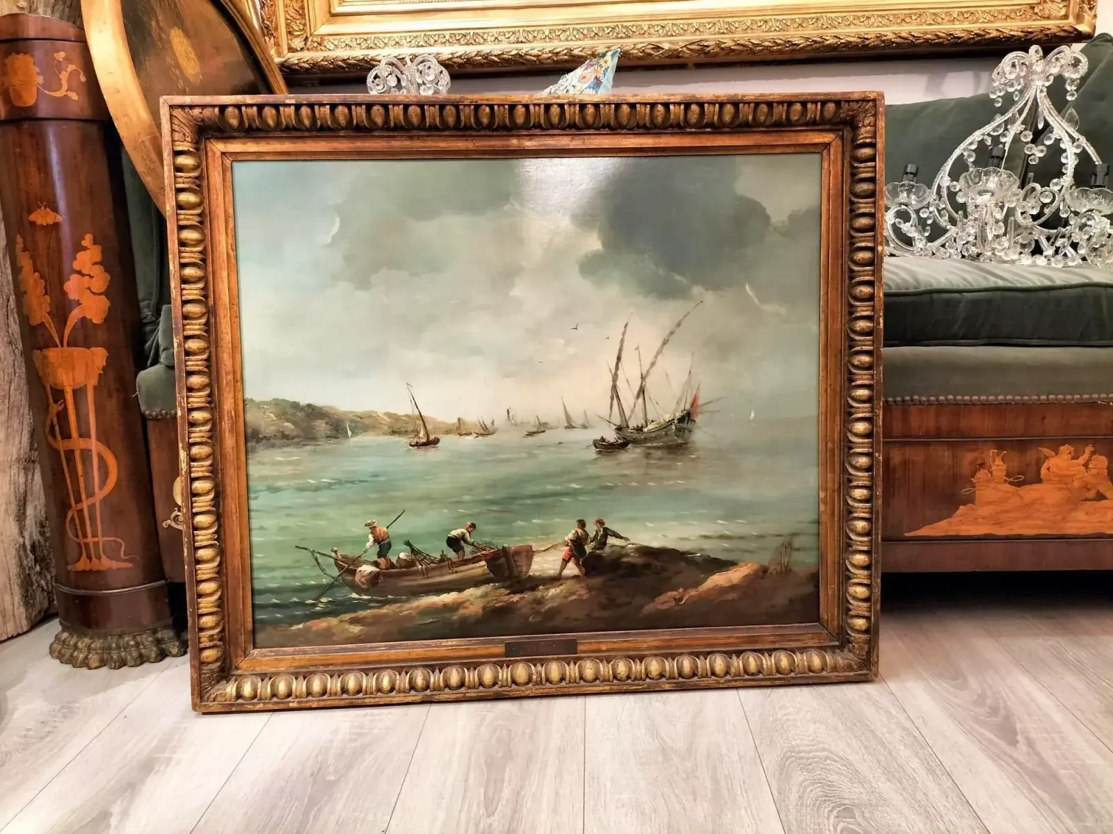 photo for sale Large Marine Oil On Canvas Breton Fisherman In Original Frame, 19th Century