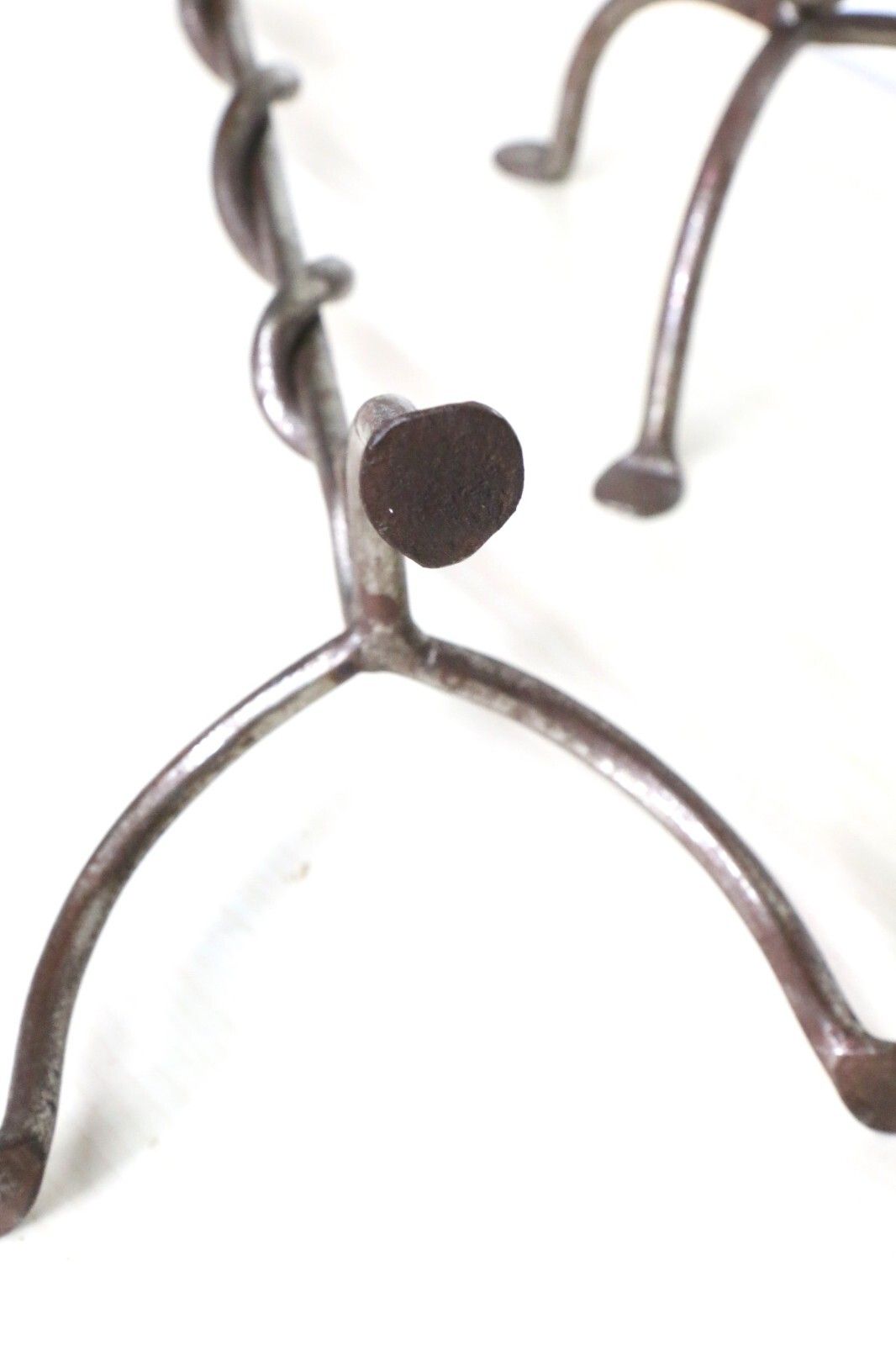 photo vintage Pair Of Vintage Candlesticks Wrought Iron Picket Tripod Base Twisted & Silvered