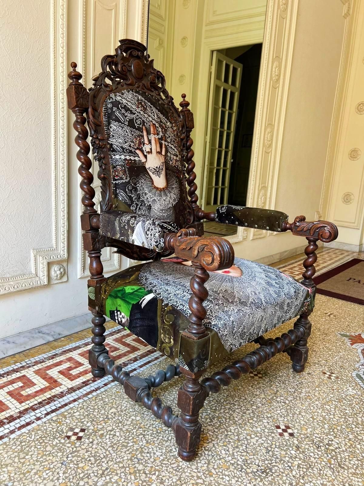 Unique And Large Carved Oak Armchair In Modern Fabric In The Style Of Louis XIII photo furniture