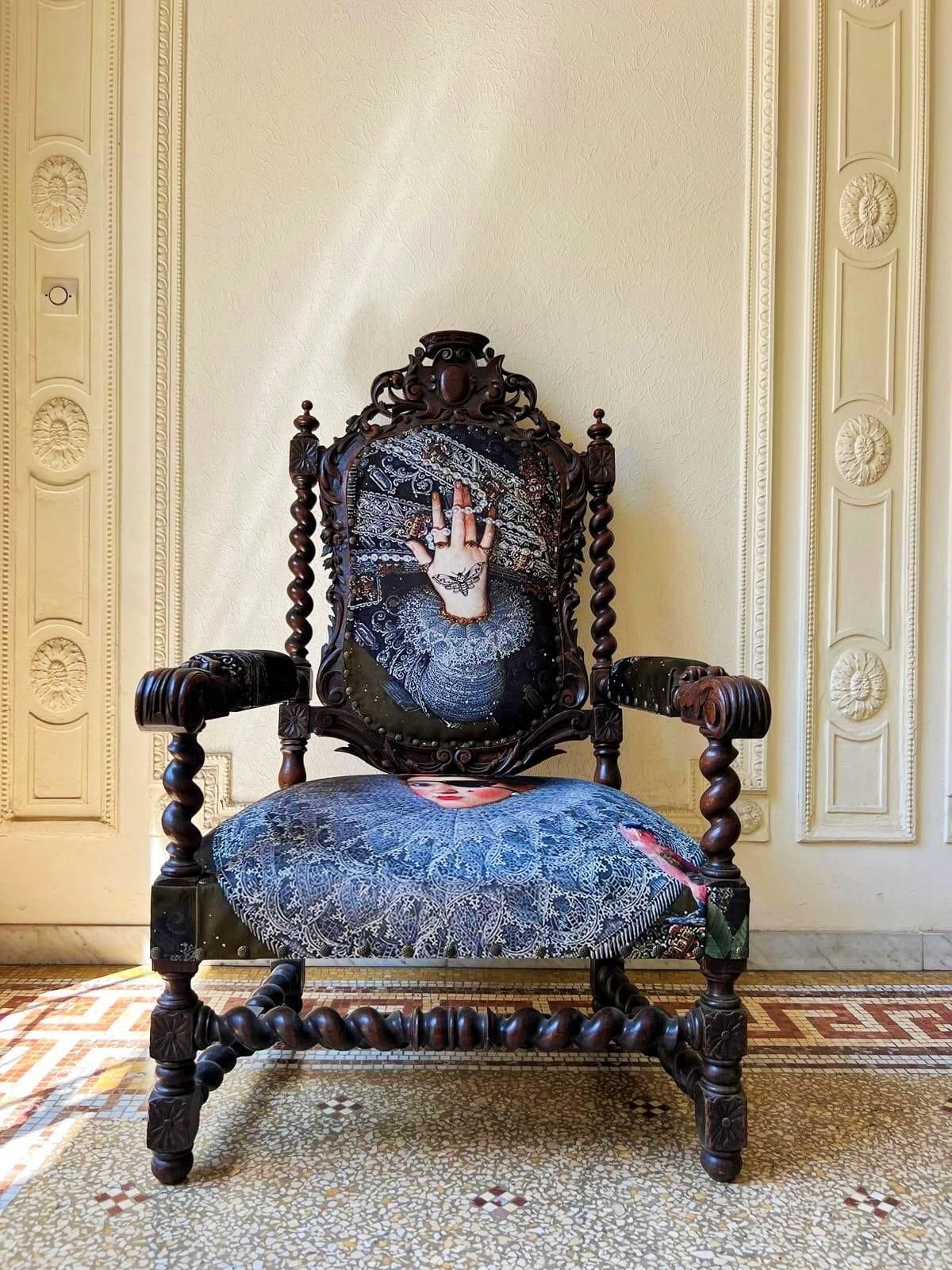 Unique And Large Carved Oak Armchair In Modern Fabric In The Style Of Louis XIII photo vintage