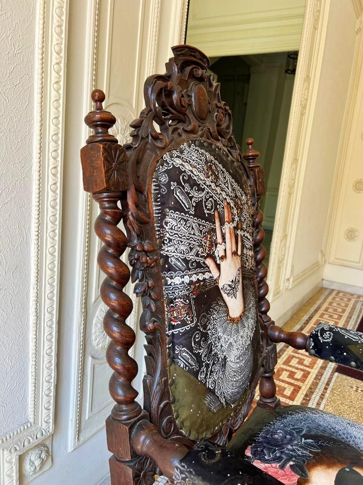 photo furniture Unique And Large Carved Oak Armchair In Modern Fabric In The Style Of Louis XIII