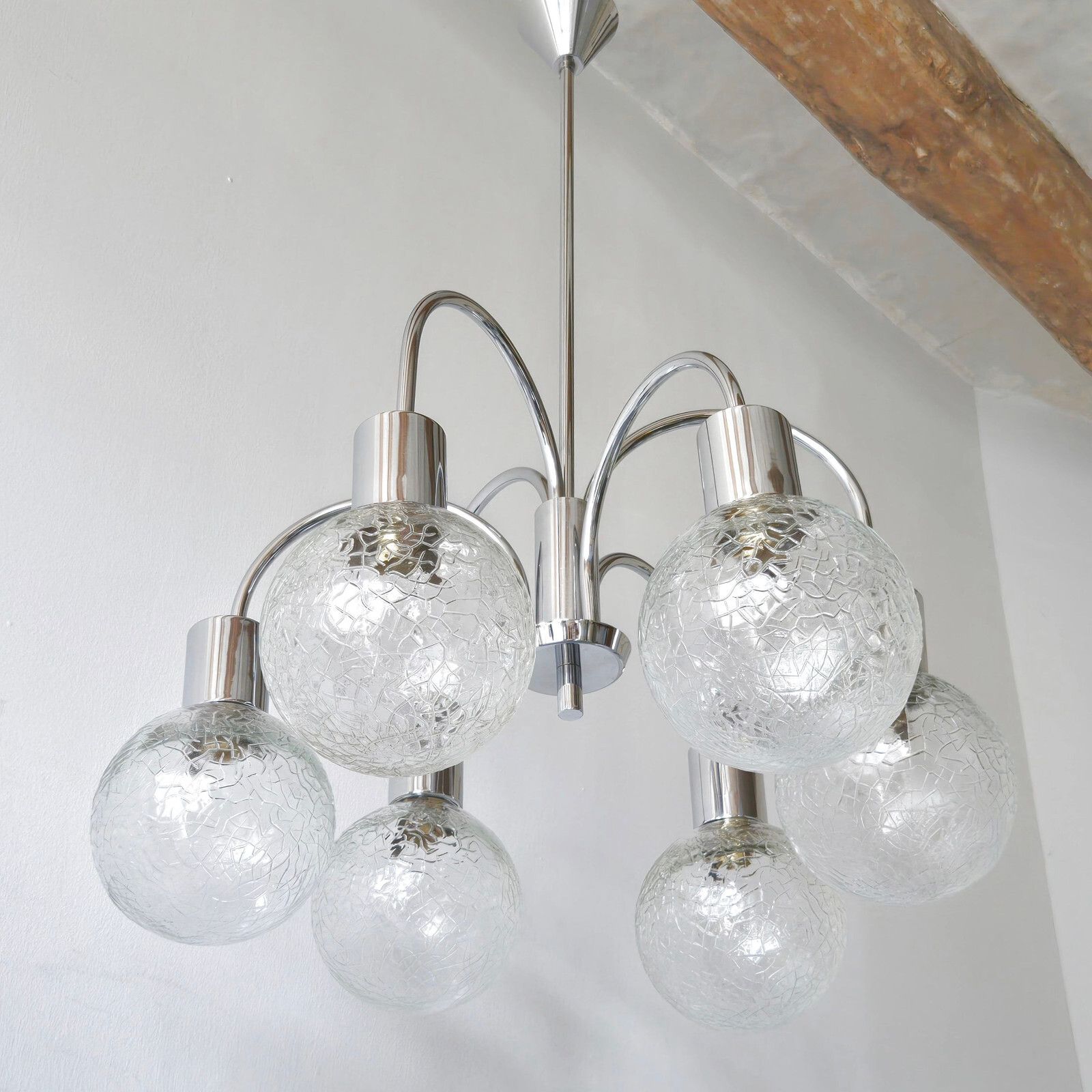 Vintage 1970s 6 Balls Glass Rib & Chrome Steel Ceiling Chandelier 70s Retro