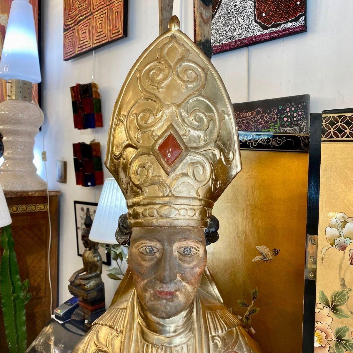 Late 17th Century Reliquary Bust Of A Bishop In Gilded Wood photo Art