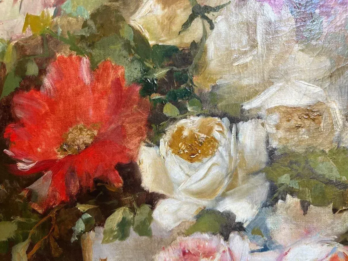 19th Century Large Still Life Oil On Canvas Painting Rose Bouquet photo 1372.0