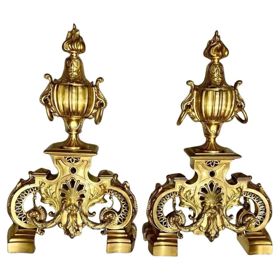 19th Century Andirons In Gilt Bronze, Signed By Ferdinand Barbedienne