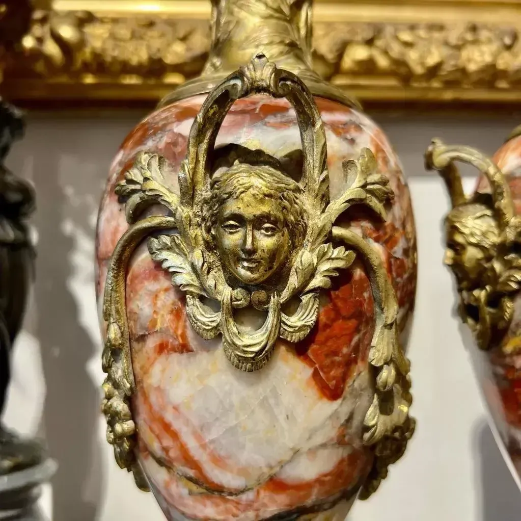 Home Decor 19th Century Pair Of Large Cassolettes With Mascarons In Violet Breccia Marble photo