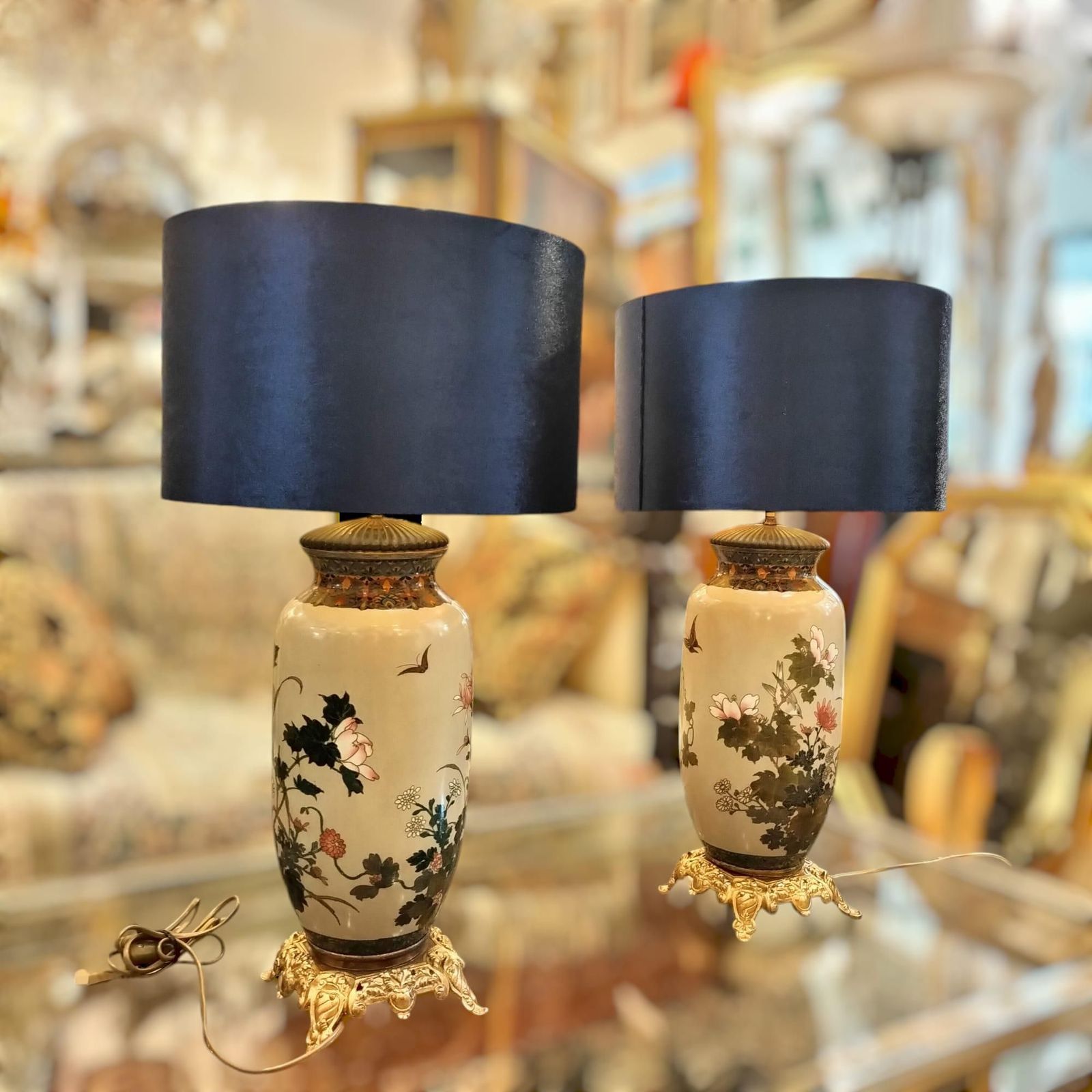 Pair Of Japanese Large Cloisonné Enamel Lamps , 19th Century photo vintage