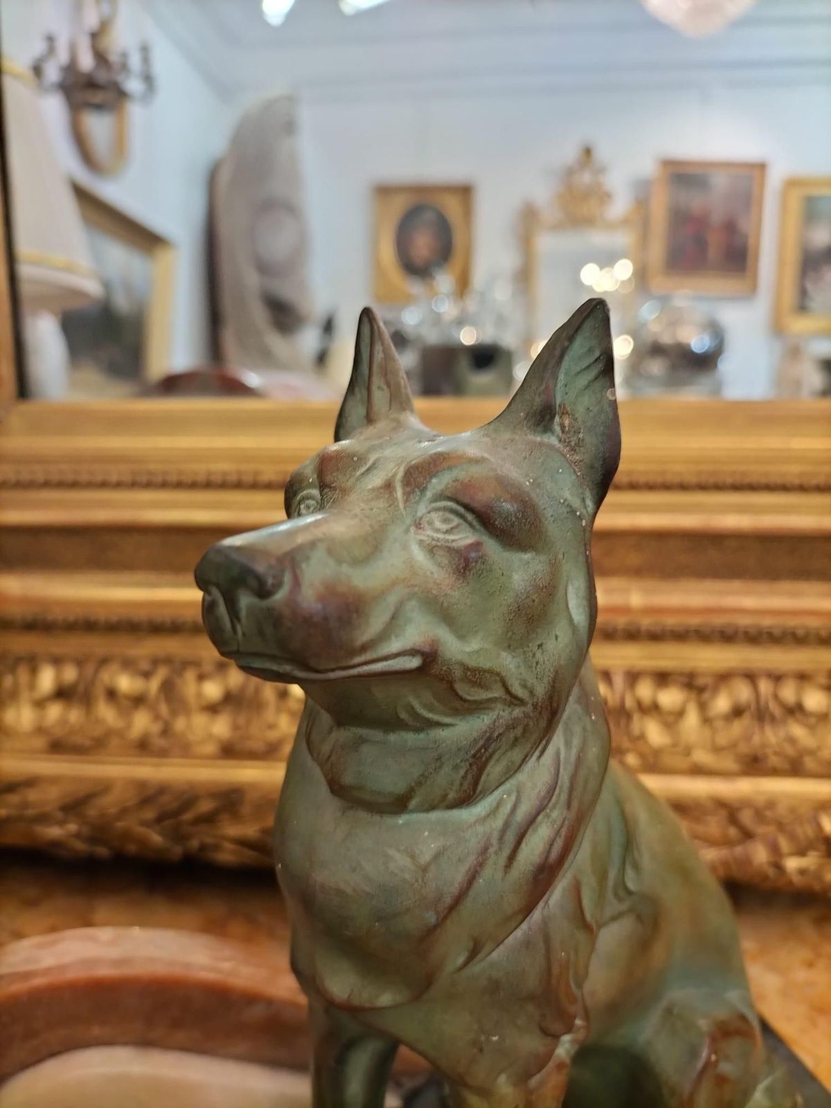 Art Deco Mantel Clock In Marble And With A Wolf Statue In Bronze Patina photo for sale