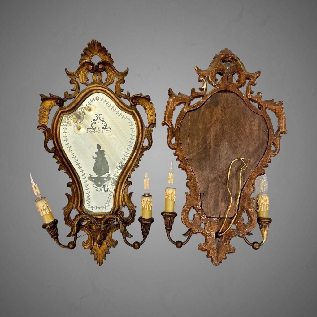 19th Century Pair Of Venetian Giltwood Sconces With Engraved Glass Background photo Home Decor