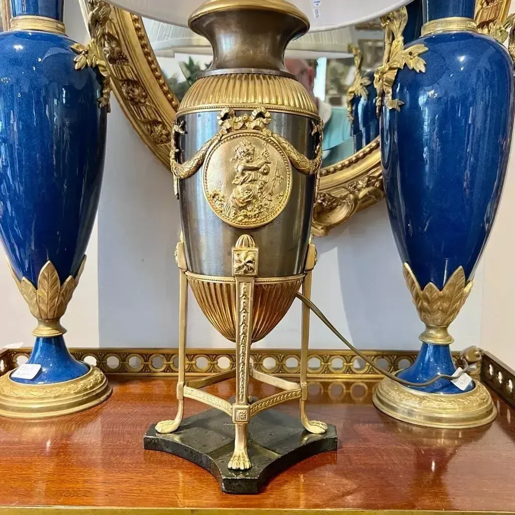 19th Century Empire Style Lamp In Gilt Bronze And Brown Patina With Marble Base photo vintage