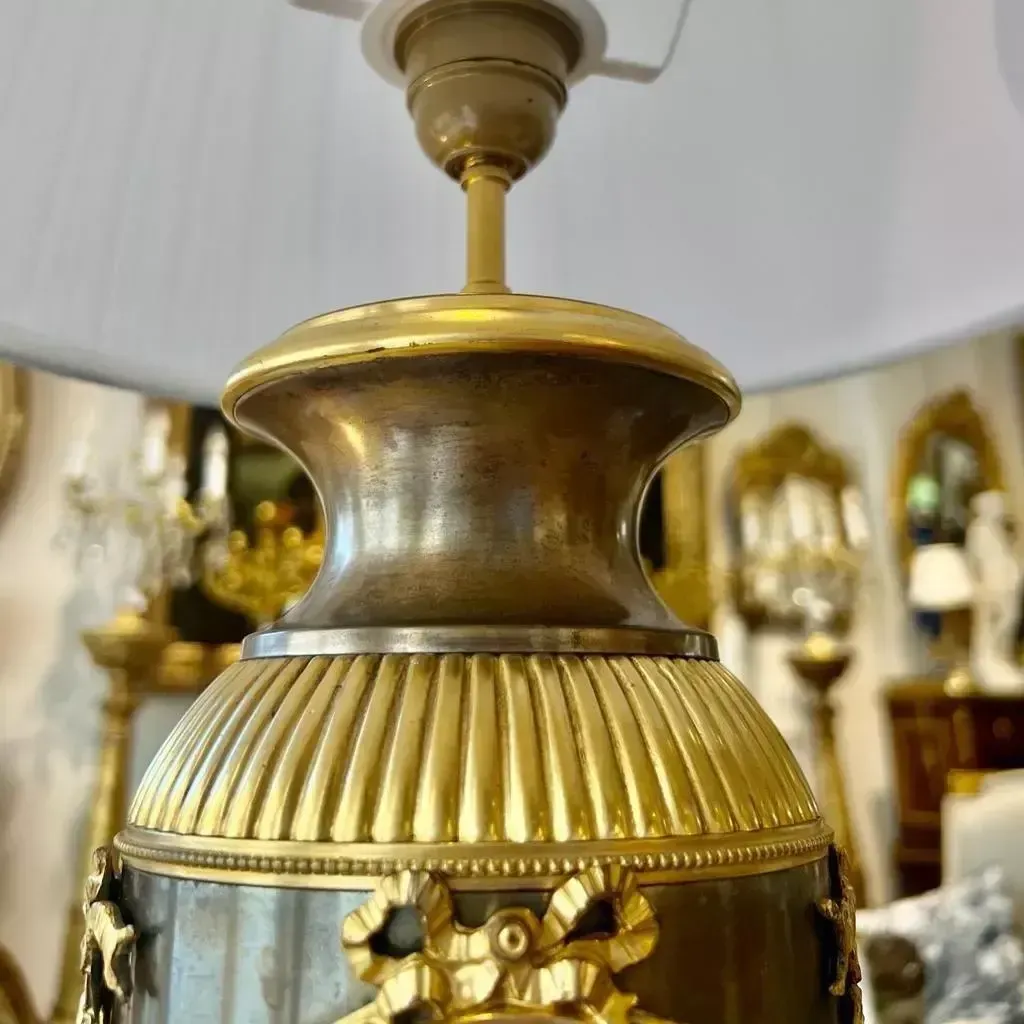 photo for sale 19th Century Empire Style Lamp In Gilt Bronze And Brown Patina With Marble Base