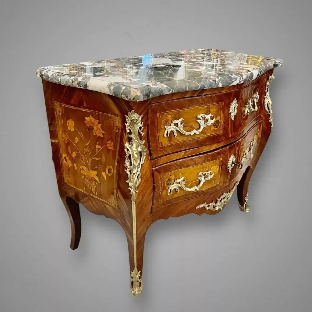 Curved Louis XV Sauteuse Commode In Floral Marquetry, 18th Century photo buy