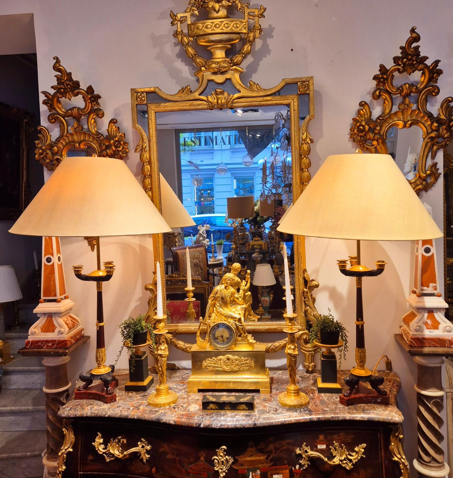 Pair Of Gilt Bronze Retour D`egypte Candlesticks, Empire Period, 19th Century photo vintage