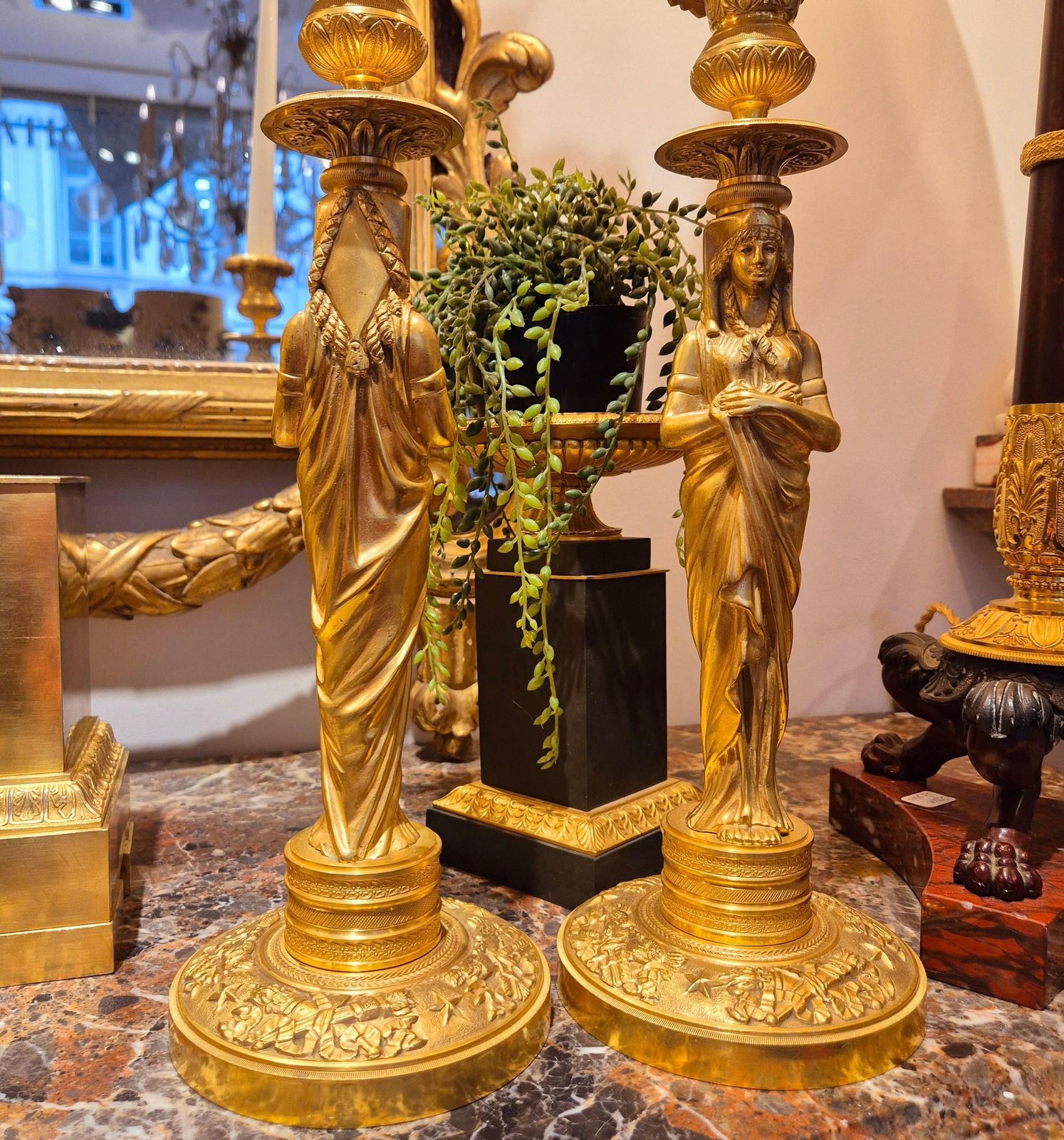Home Decor Pair Of Gilt Bronze Retour D`egypte Candlesticks, Empire Period, 19th Century photo