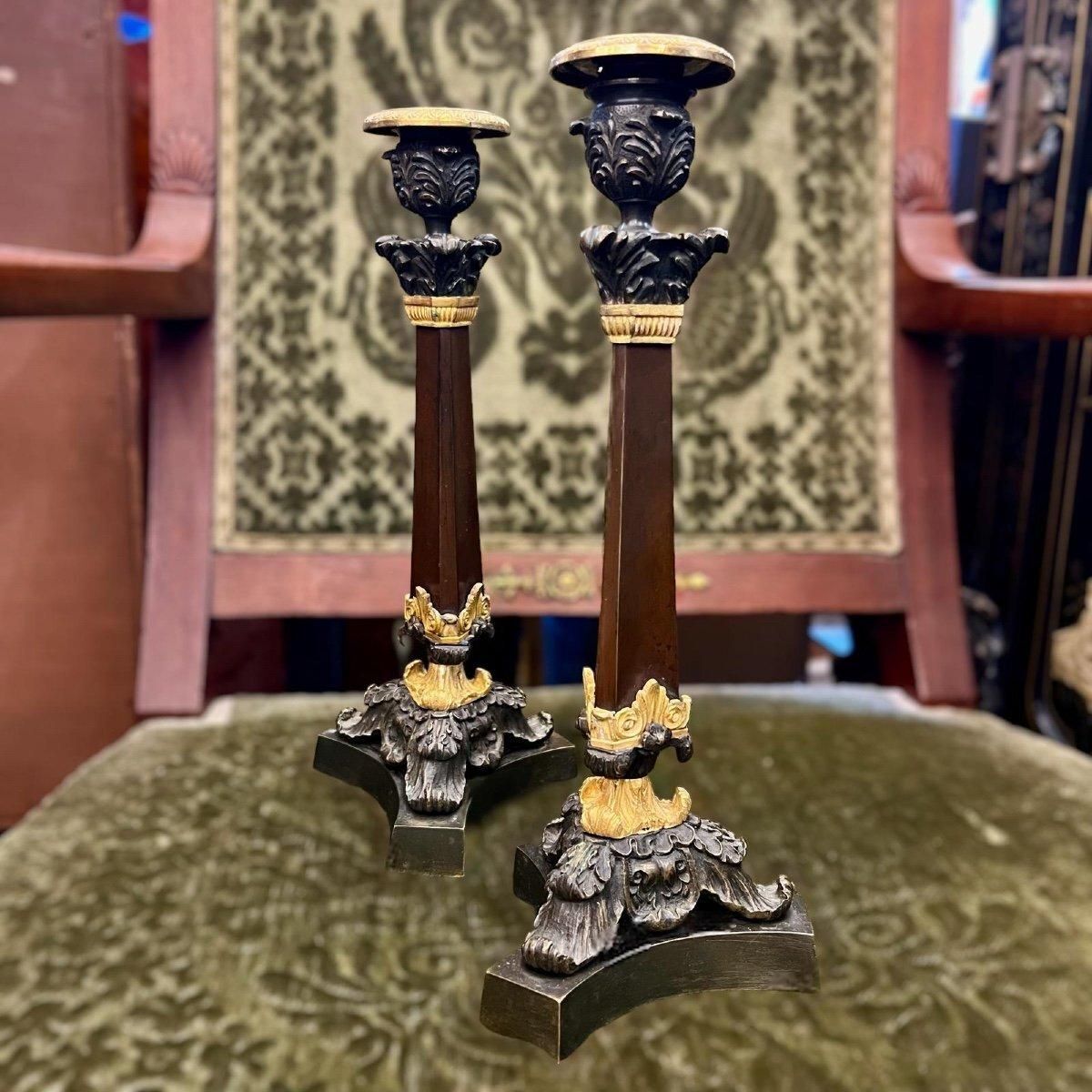 19th Century Pair Of Double Patina Bronze Candlesticks photo 1789.0