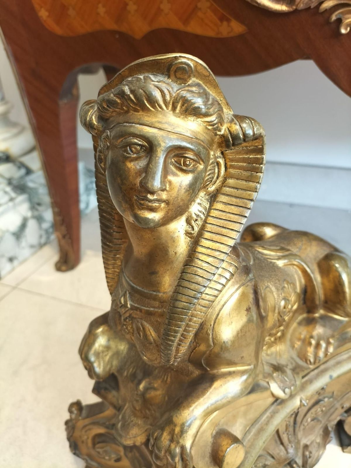 Pair Of 19th Century Gilt Bronze Fire Dogs In The Ancient Egyptian Style photo furniture