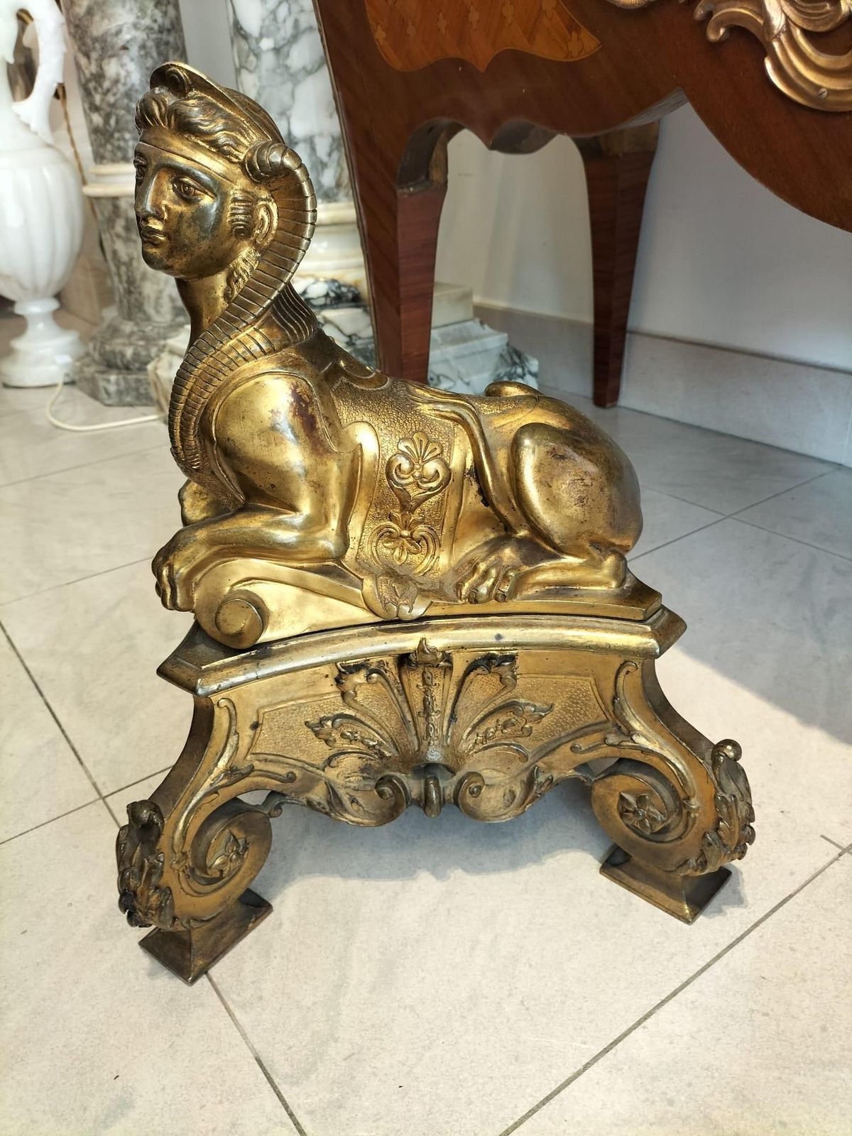 Pair Of 19th Century Gilt Bronze Fire Dogs In The Ancient Egyptian Style photo for sale