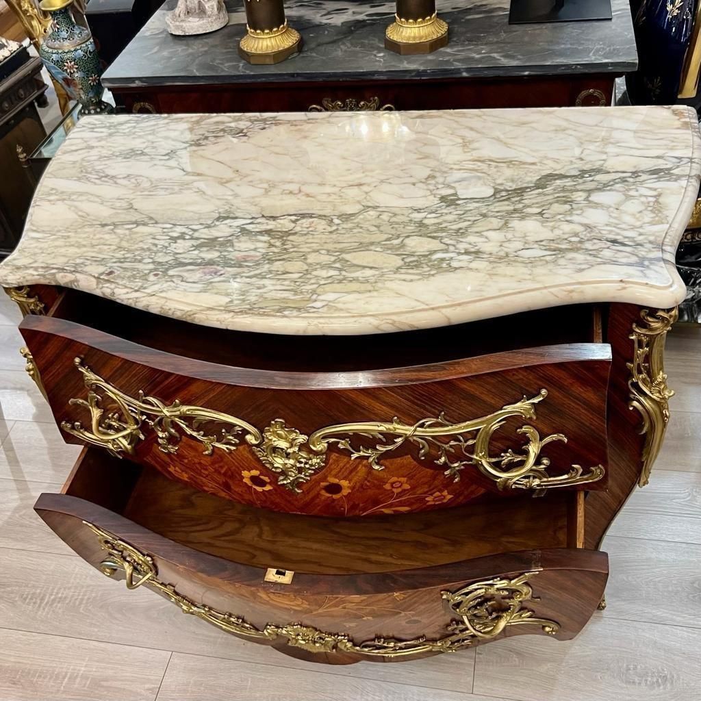 20th Century Louis XV Style Ceremonial Commode In Marquetry And Marble Top photo Furniture