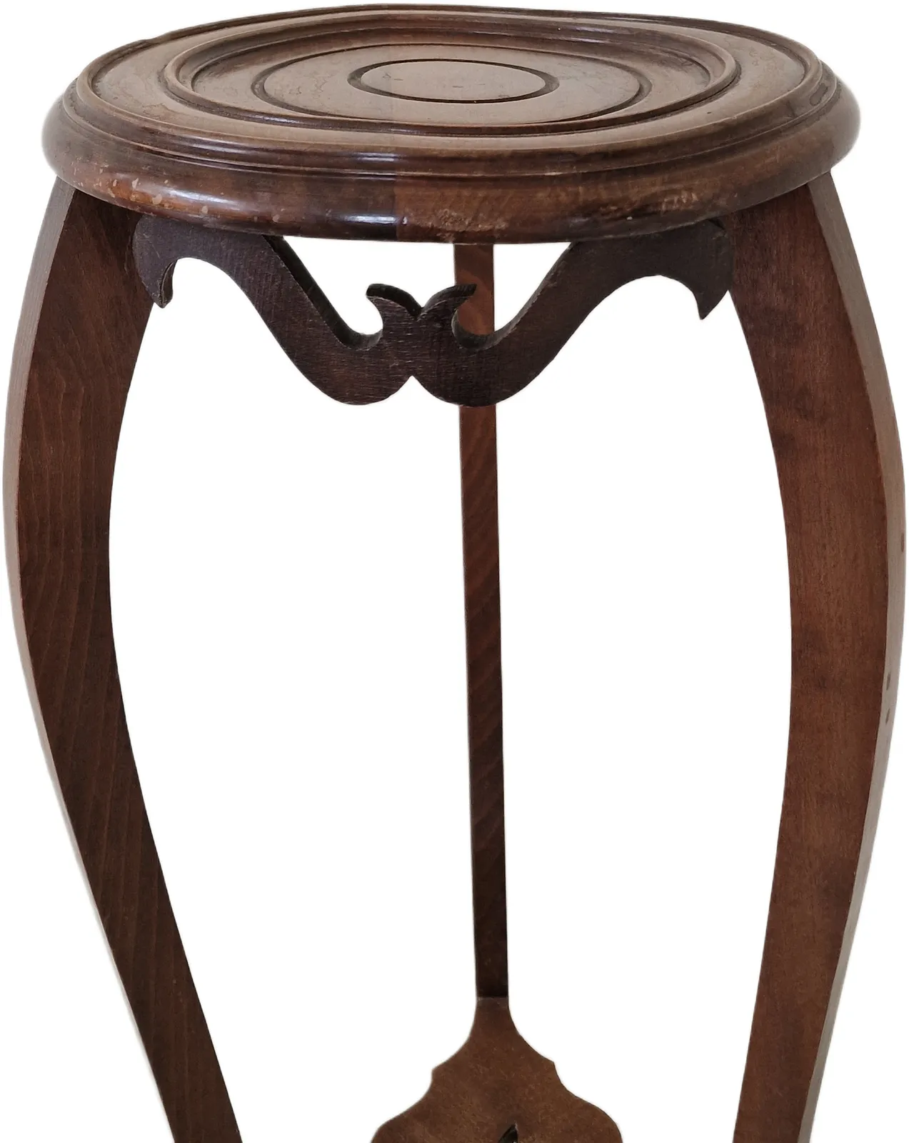 Antique French Compact Curved Leg Round Top Wooden Plant Stand With Decorative Carving Detail photo buy