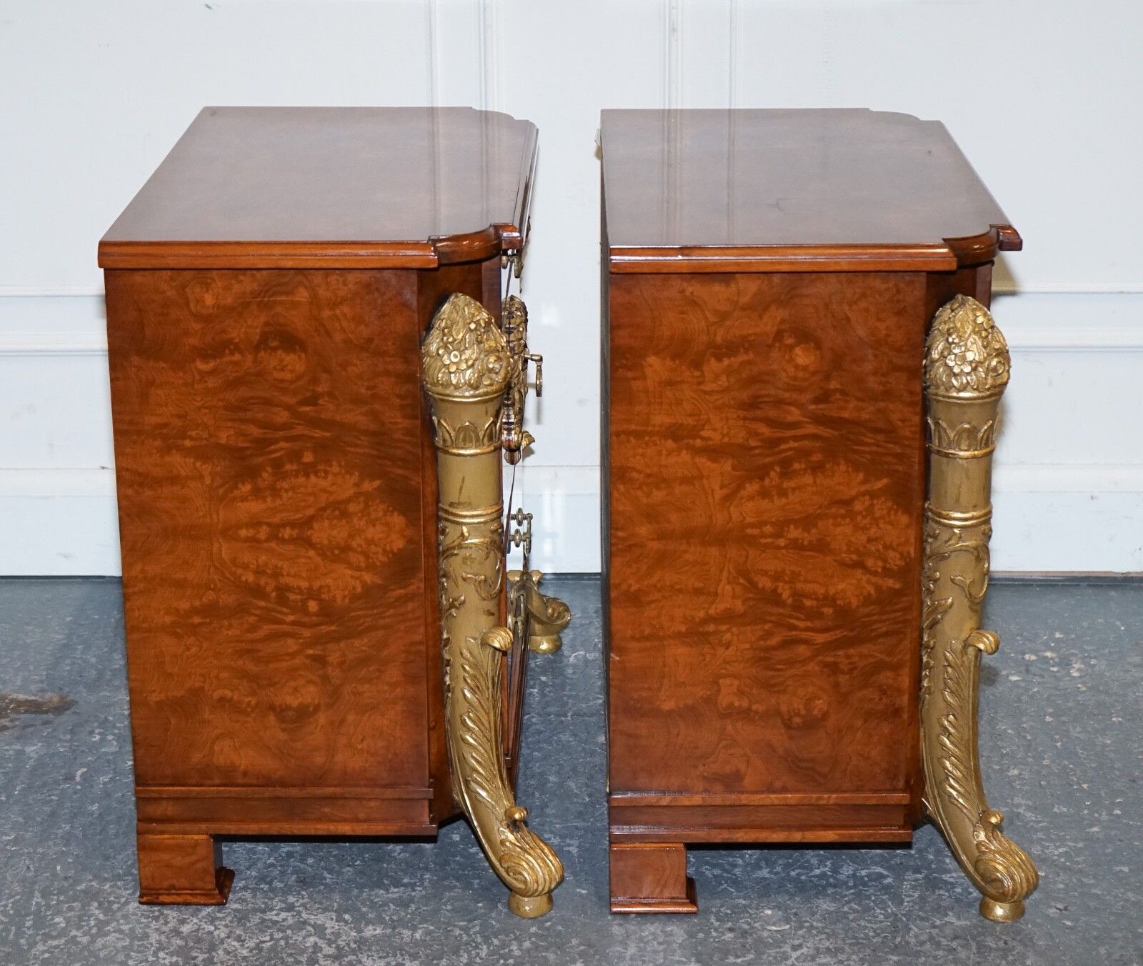photo for sale Stunning Pair French Empire Style Gold Detailed Burr Walnut Bedsides Nightstands