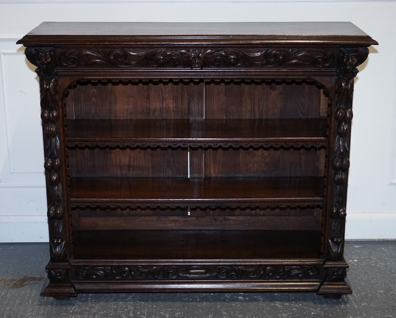 Antique Circa 1800 Oak Greenman & Lionheads Dwarf Open Bookcase photo for sale
