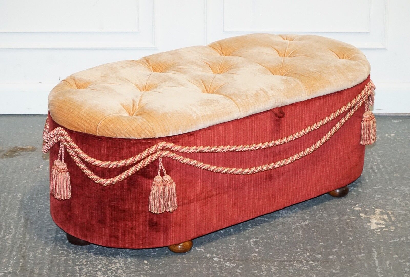 Antique Victorian Fabric Ottoman Blanket Bed End Storage Box With Tassel Accents photo furniture