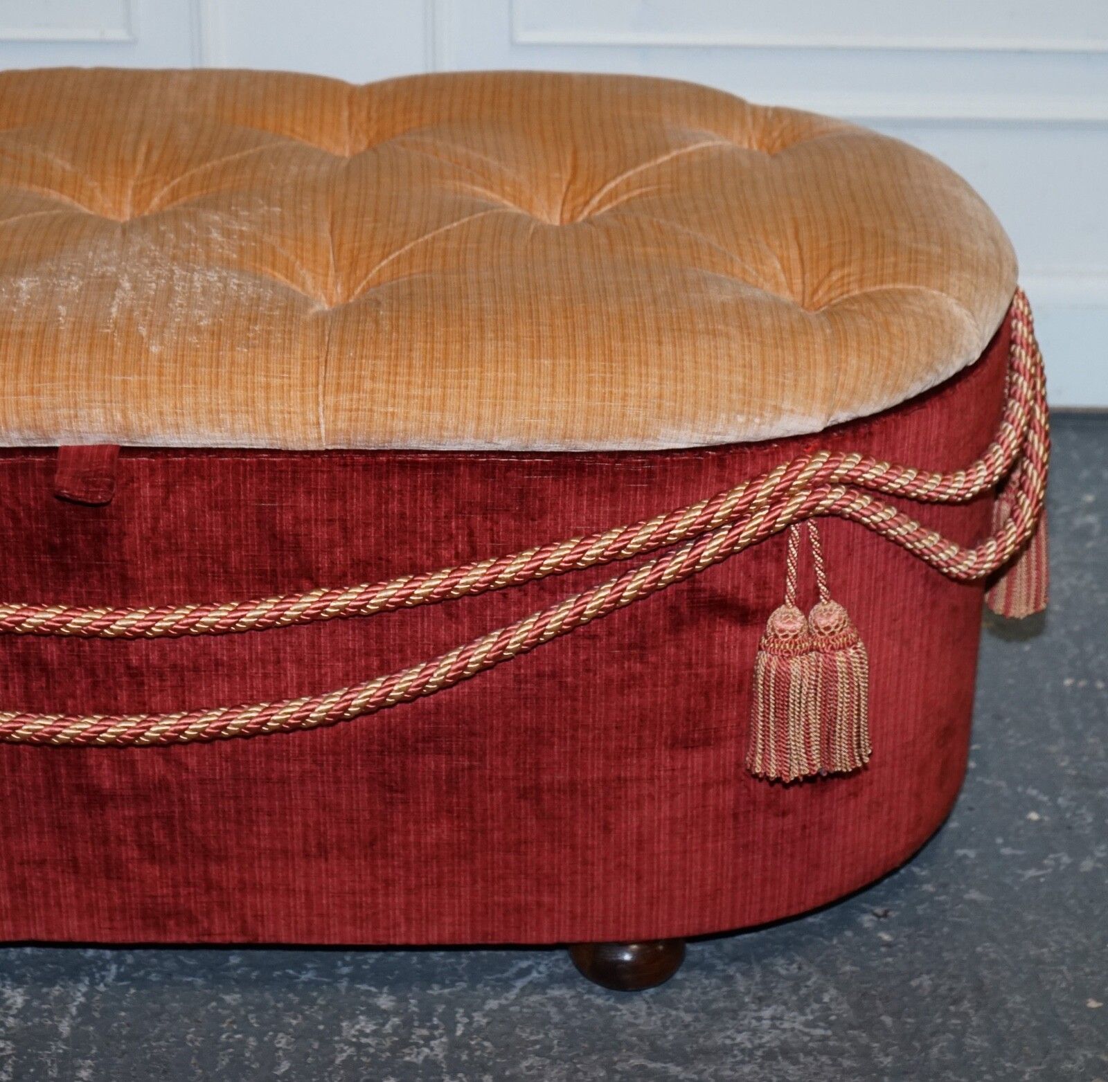 Antique Victorian Fabric Ottoman Blanket Bed End Storage Box With Tassel Accents photo vinterior
