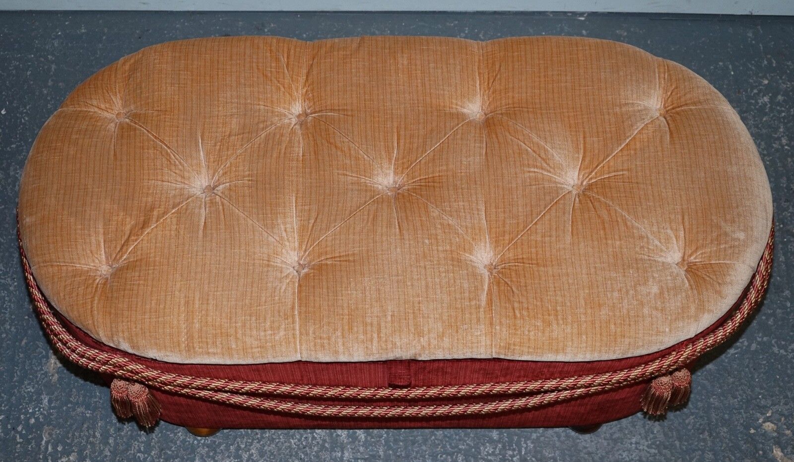 photo vinterior Antique Victorian Fabric Ottoman Blanket Bed End Storage Box With Tassel Accents