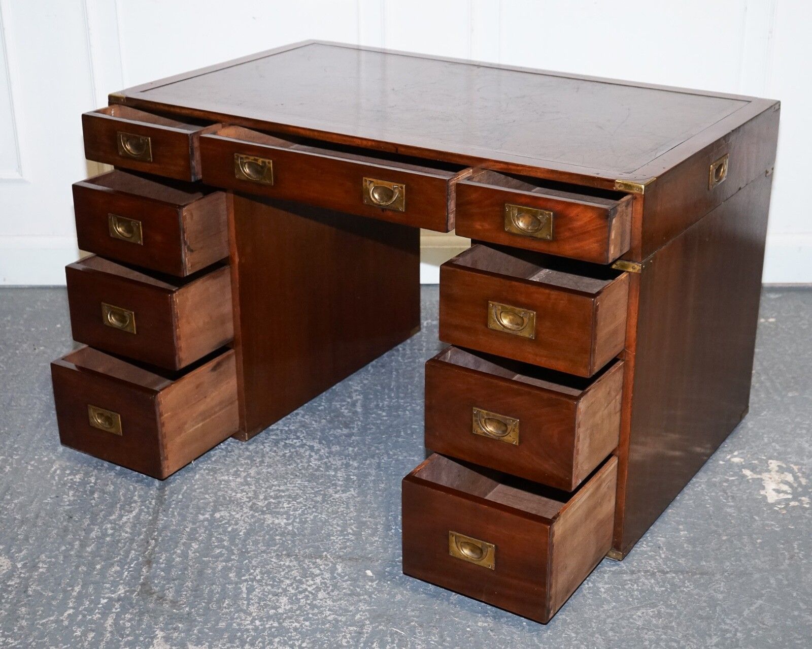 Fully Restored Bevan Funnell Military Campaign Twin Pedestal Desk Brown Leather photo buy