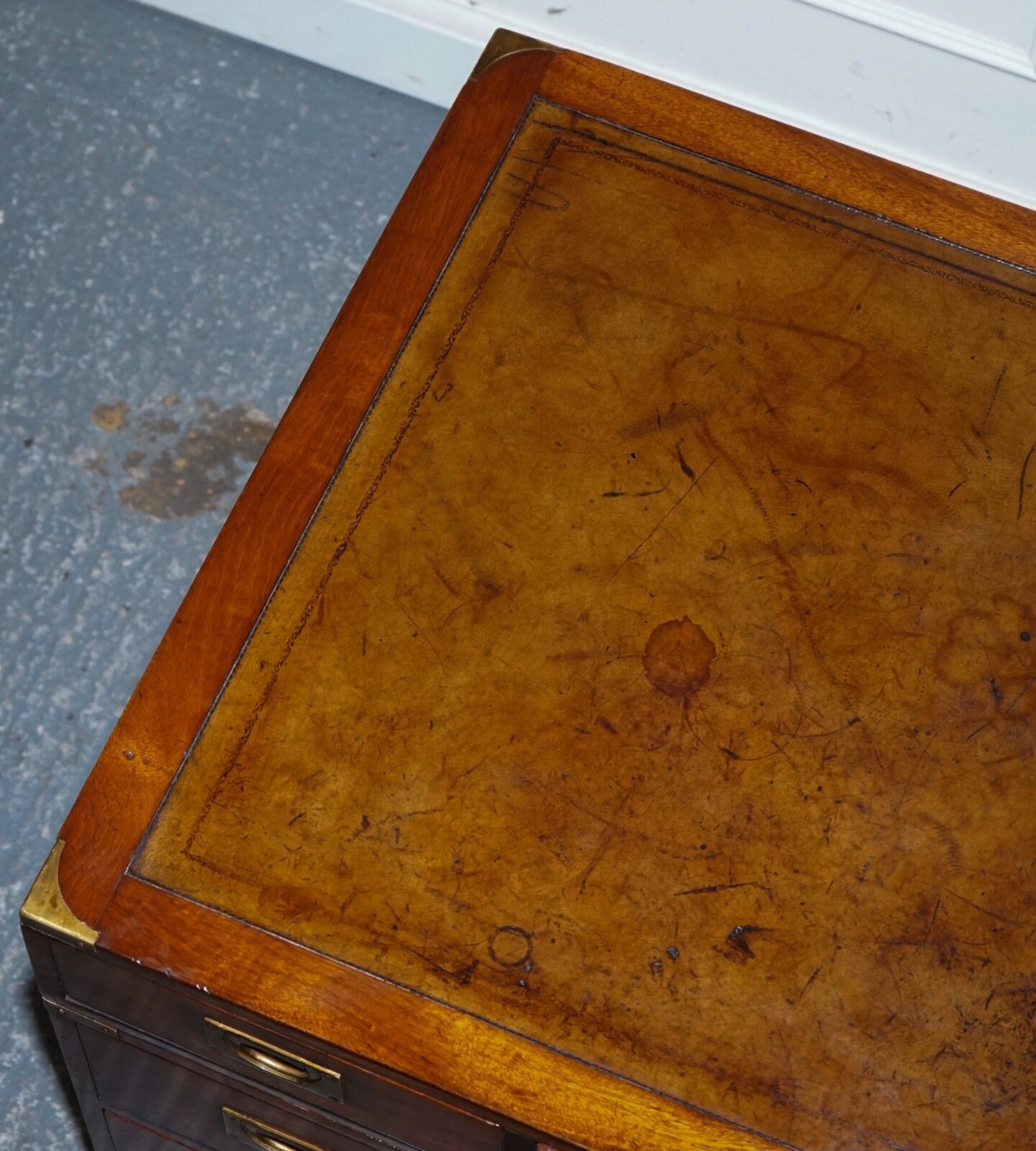 photo furniture Fully Restored Bevan Funnell Military Campaign Twin Pedestal Desk Brown Leather