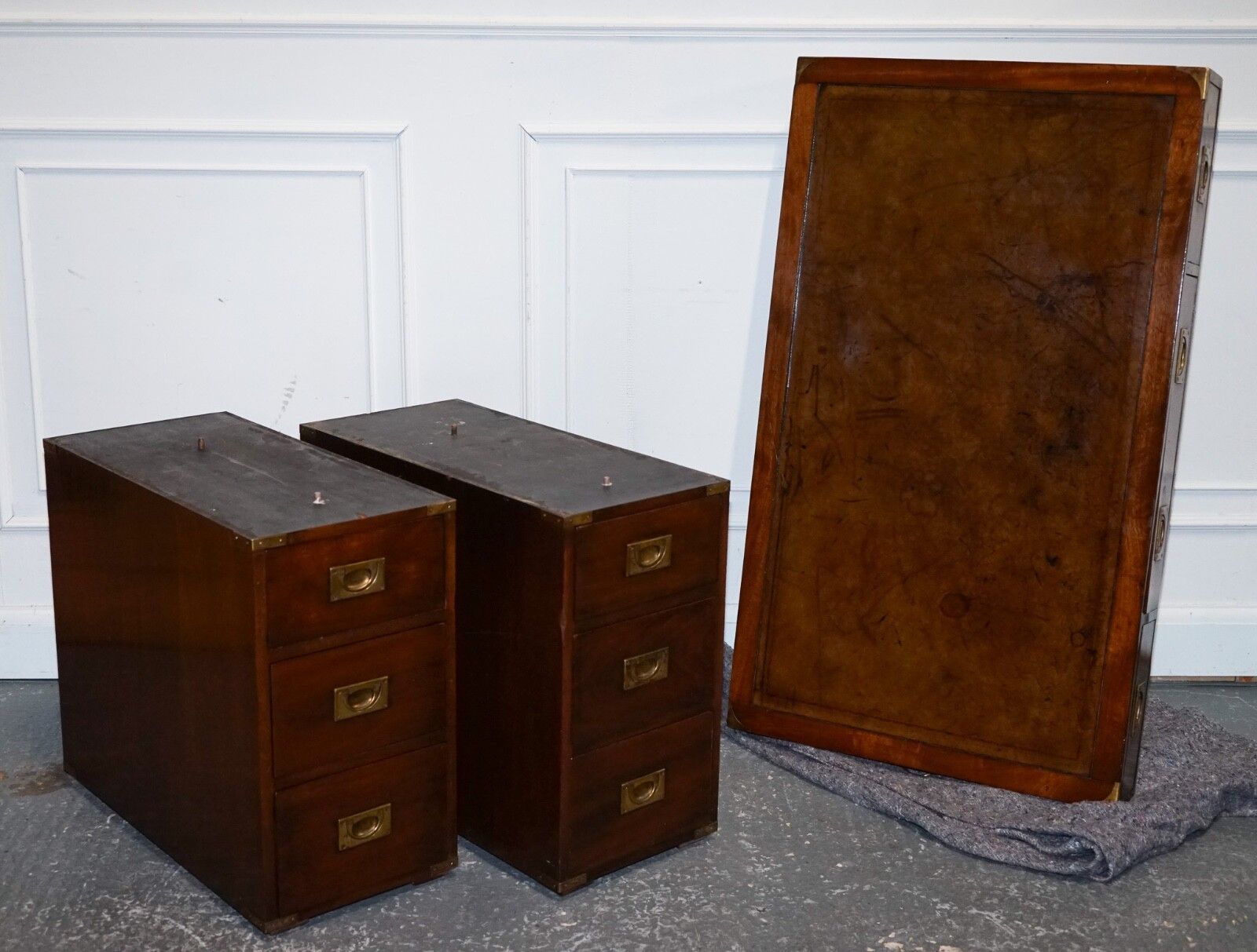 photo buy Fully Restored Bevan Funnell Military Campaign Twin Pedestal Desk Brown Leather