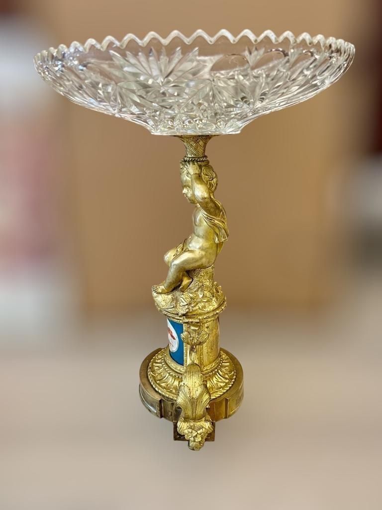 19th Century Cut Crystal Bowl On A Gilt Bronze Pedestal With Putti Motifs photo furniture