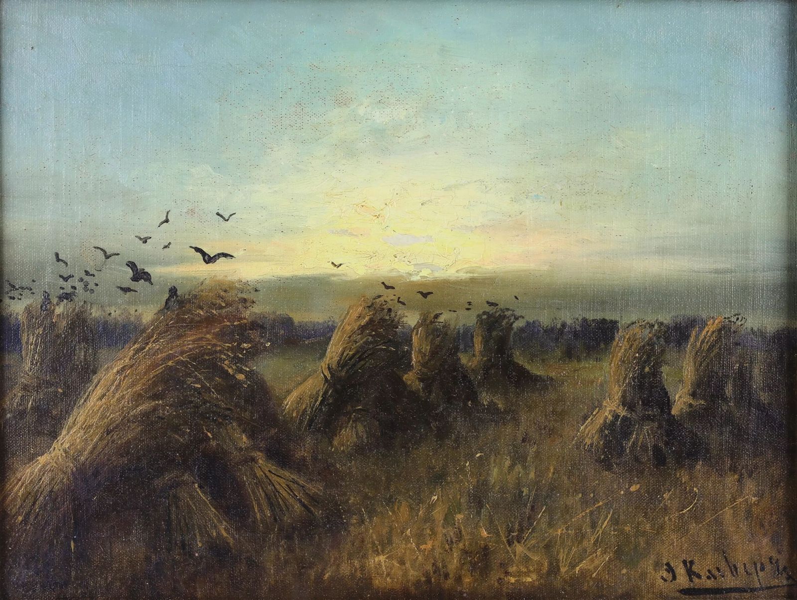 Landscape With Haycocks At Sunset. J. Klever. Russia, Late 19th photo furniture