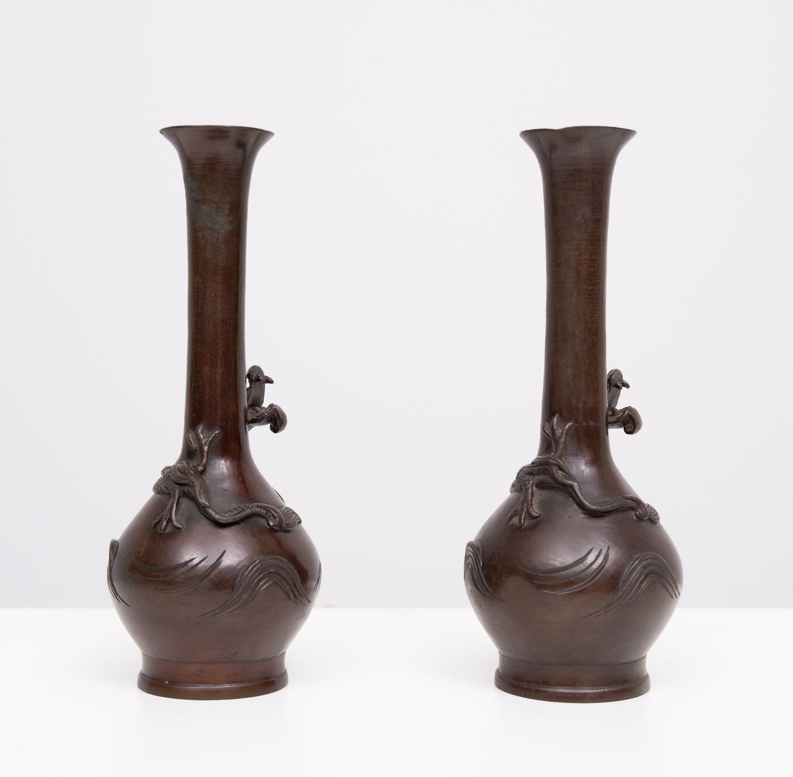 Pair Dragon Bronze Vases Meiji Period Japan photo vintage