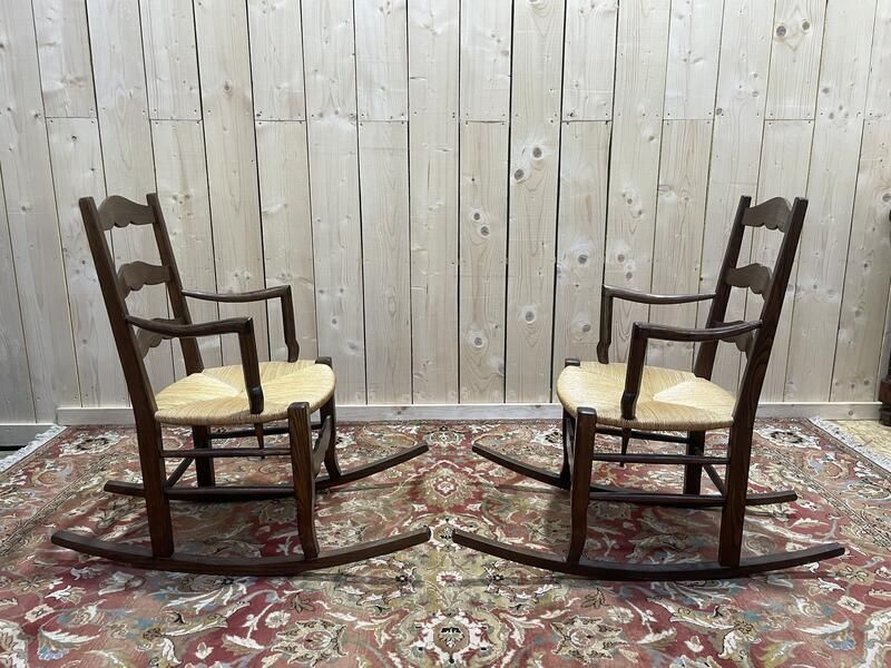 Paire De Fauteuils Pailles Rustiques à Bascule   Rocking Chair Chair photo Garden Furniture