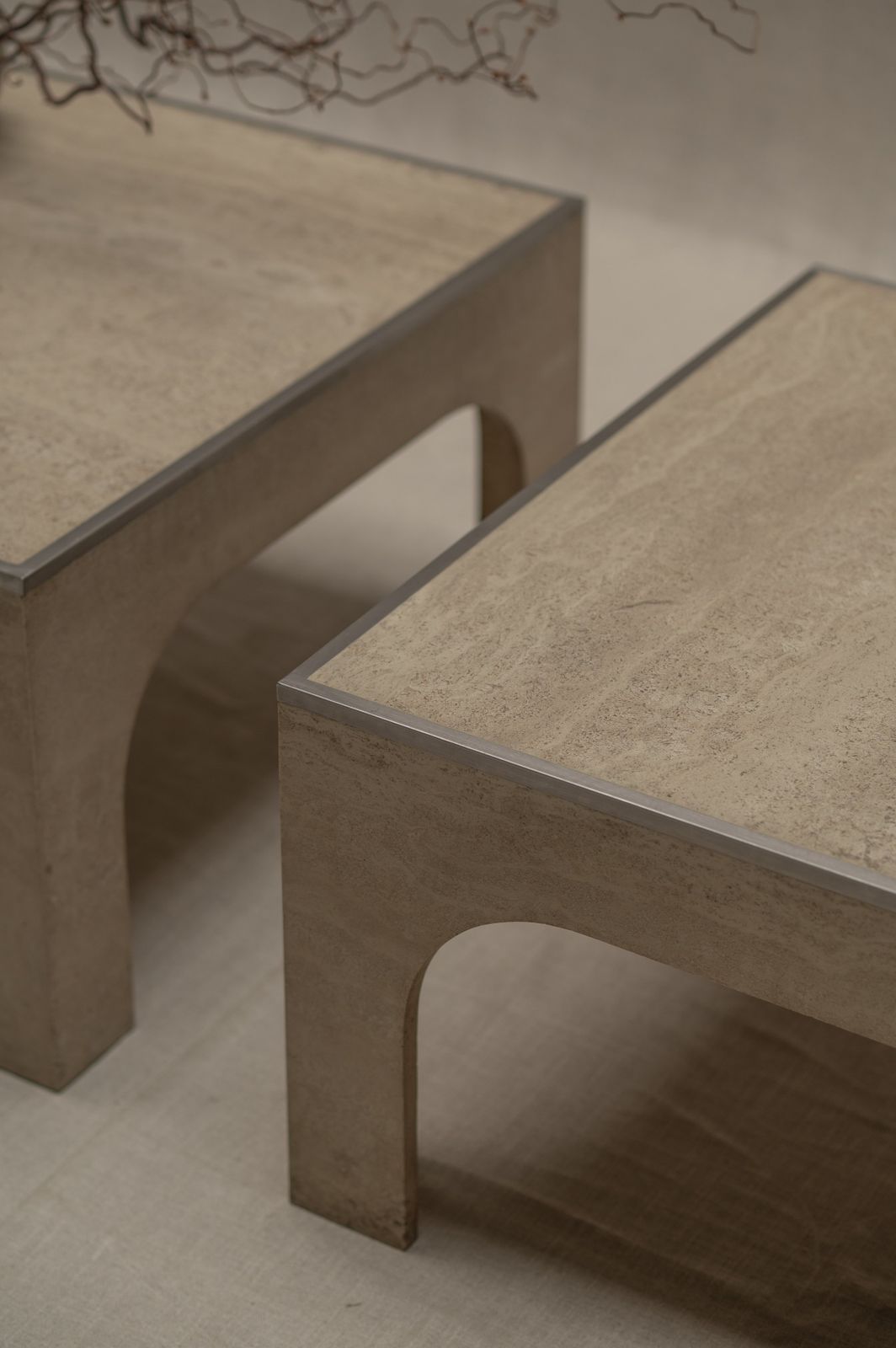 Architectural Set Of Travertine Coffee Tables, After Willy Ballez photo vintage