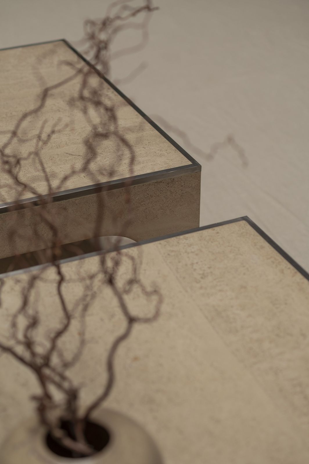 Furniture Architectural Set Of Travertine Coffee Tables, After Willy Ballez photo