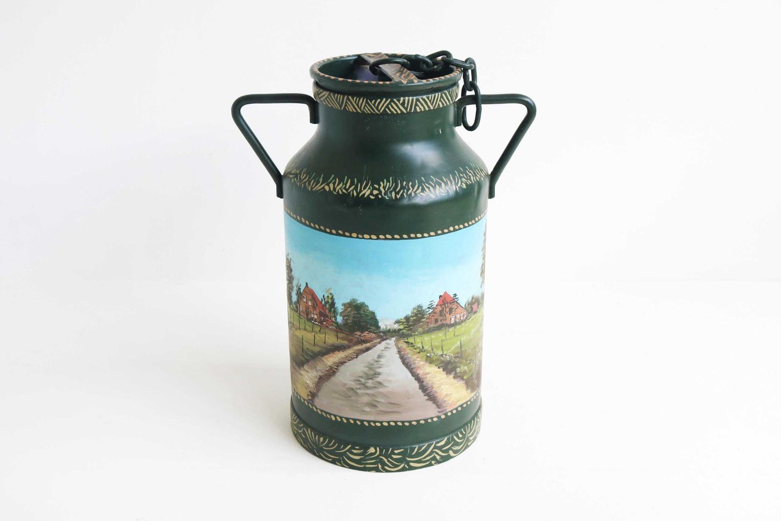 Elegant Vintage French Milk Can – Hand Painted Countryside Scene, Rustic Farmhouse Decor