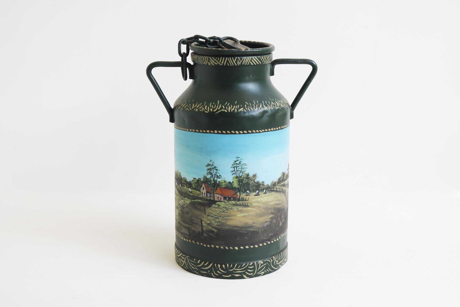 Elegant Vintage French Milk Can – Hand Painted Countryside Scene, Rustic Farmhouse Decor photo vinterior