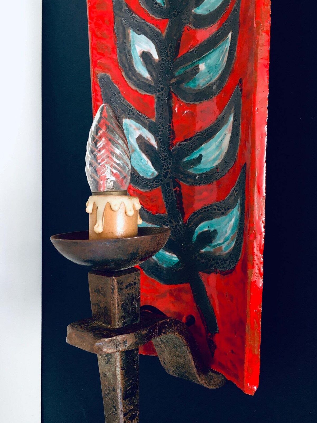 Stoneware Artist Made Rooftile Wall Lamp, France 1960's photo vinterior
