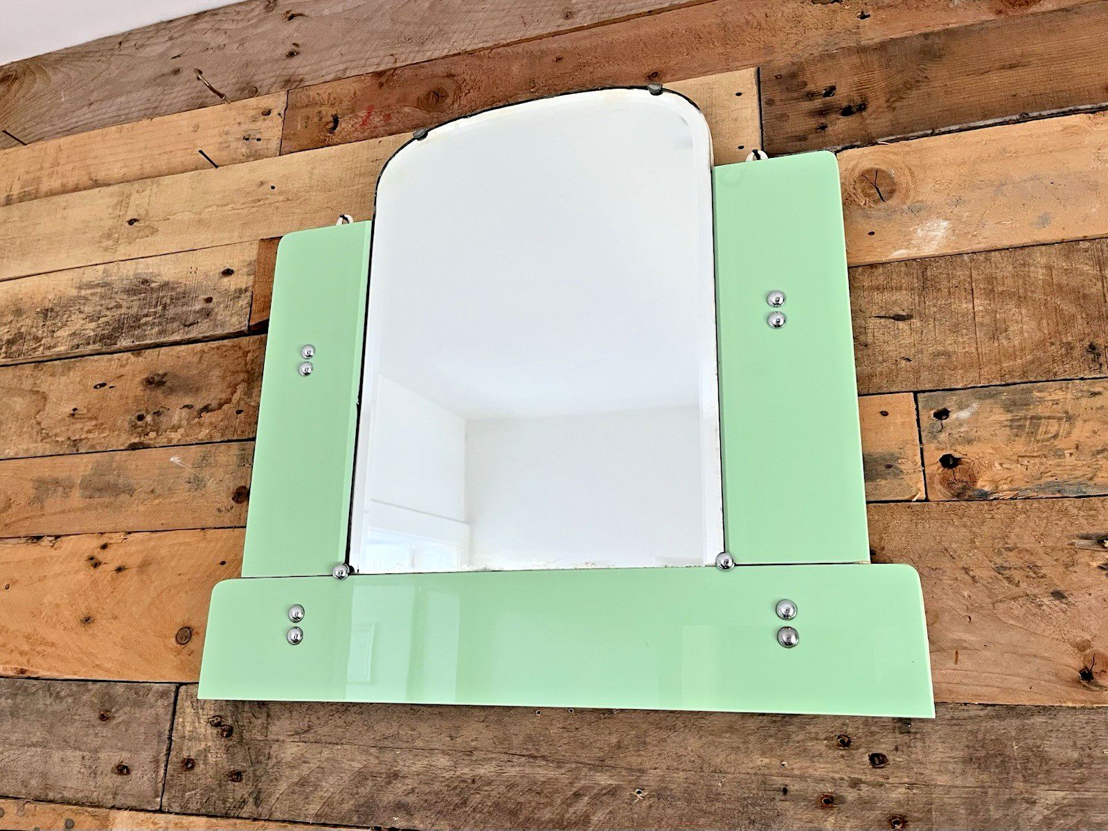 Antique 30s Art Deco Arched Bevelled Green Vitrolite Bathroom Mantel Wall Mirror