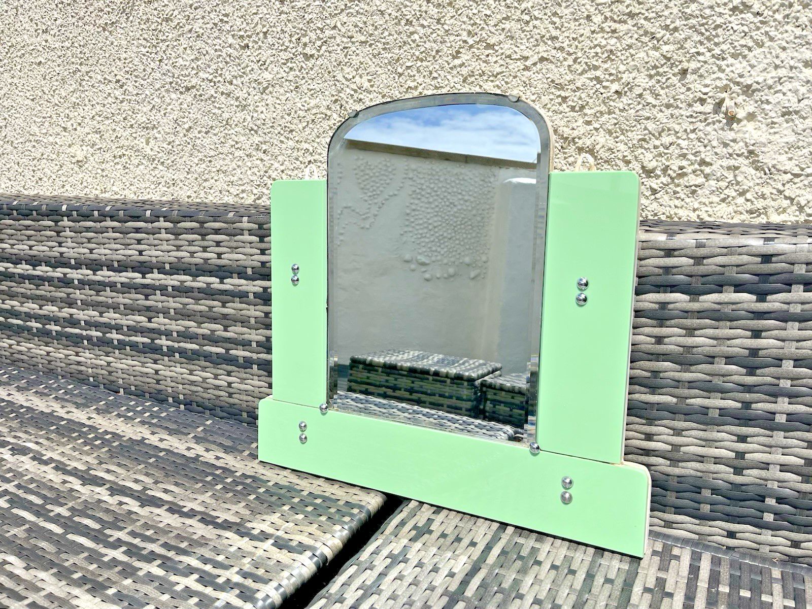 Antique 30s Art Deco Arched Bevelled Green Vitrolite Bathroom Mantel Wall Mirror photo Home Decor