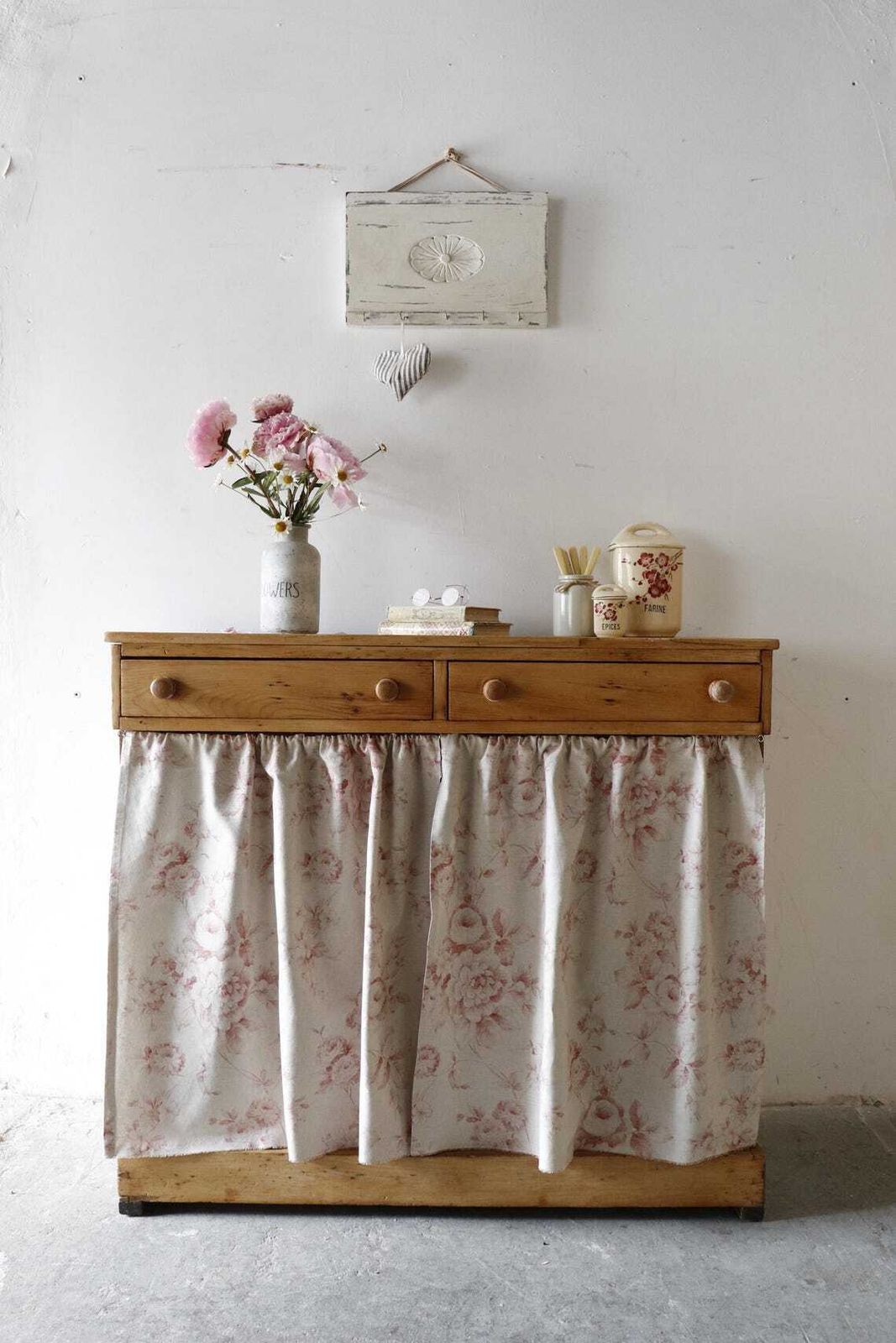 Charming Vintage Farmhouse Pine Cupboard Or Sideboard With Cabbages And Roses Style Curtain