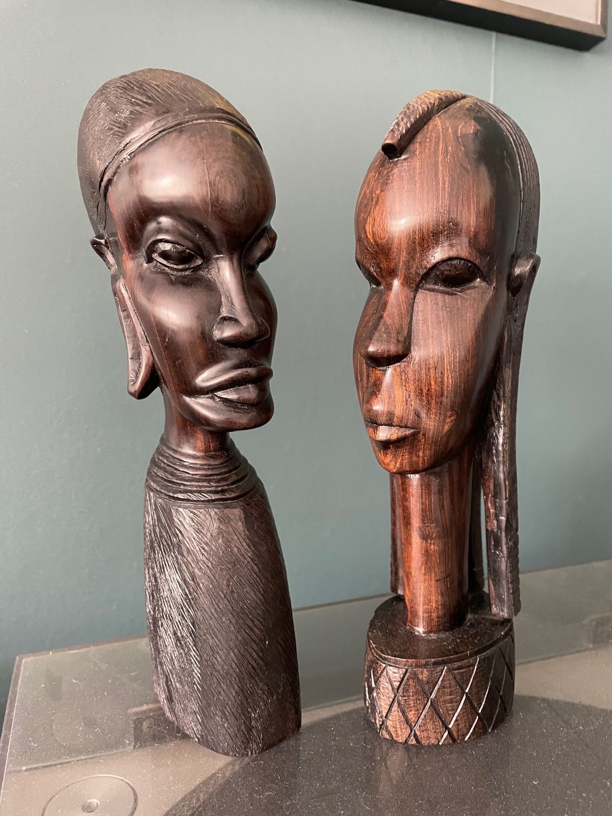 Pair Of Male And Female Ebony Hand Carved African Busts photo 195.0