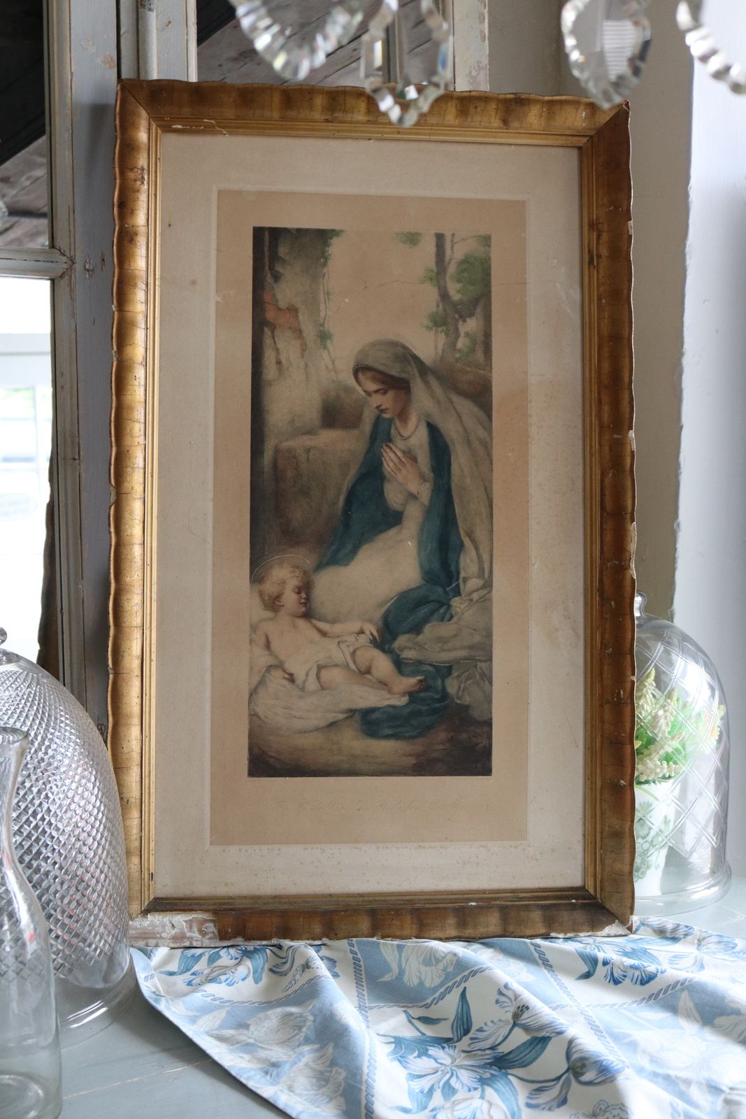 Antique Religious Print Mounted With Gold Plaster Frame / Madonna & Child / Mary photo 120.0
