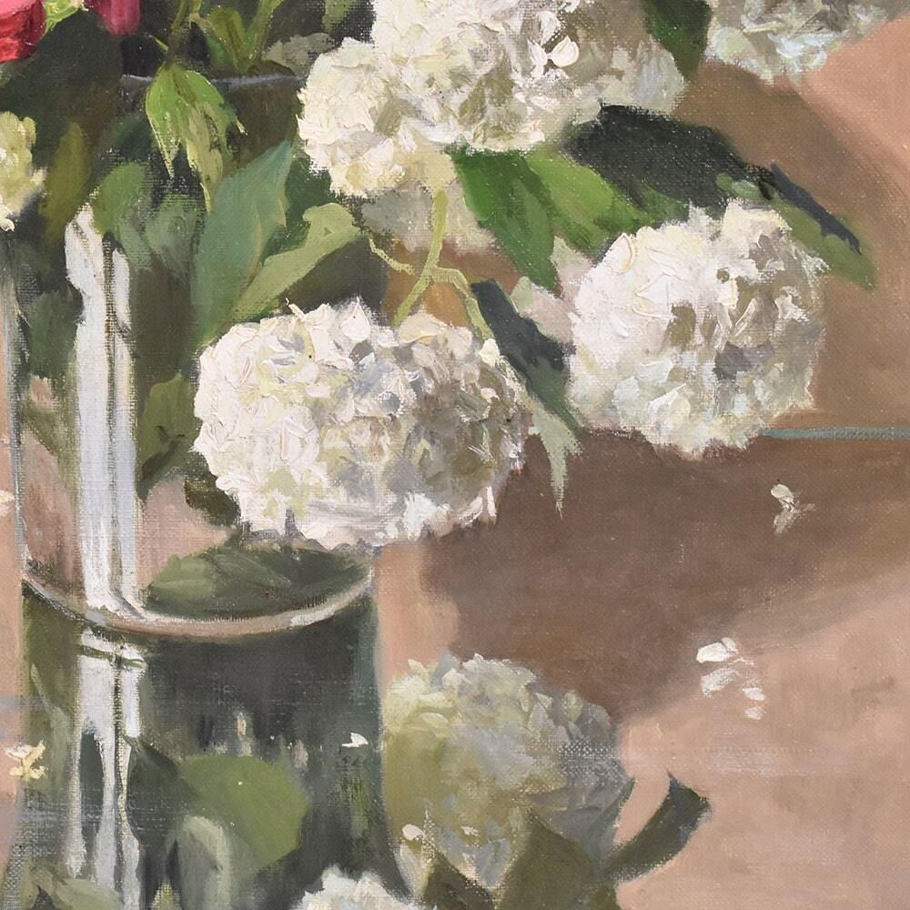 Antique Flower Painting, Still Life, Pink Roses And May Ball, Oil On Canvas, 20th Century. photo 1500.0